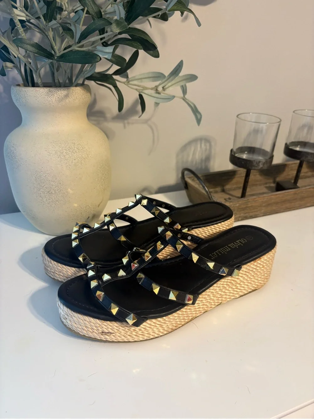 Olivia Miller Black Studded Wedge Espadrille Sandals